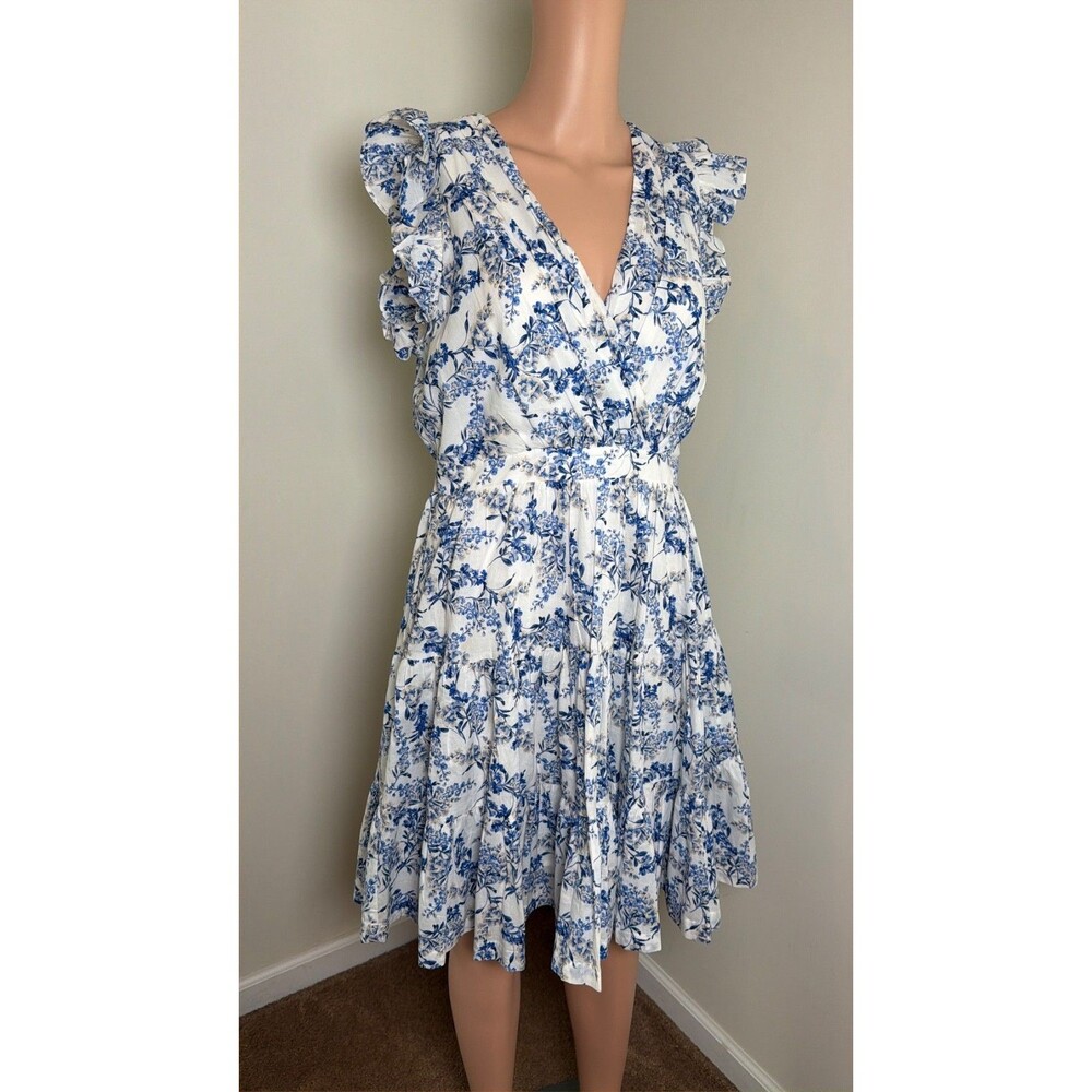 Taylor M Blue White Floral Cotton Tiered Ruffle Fit Flare Dress Cottagecore